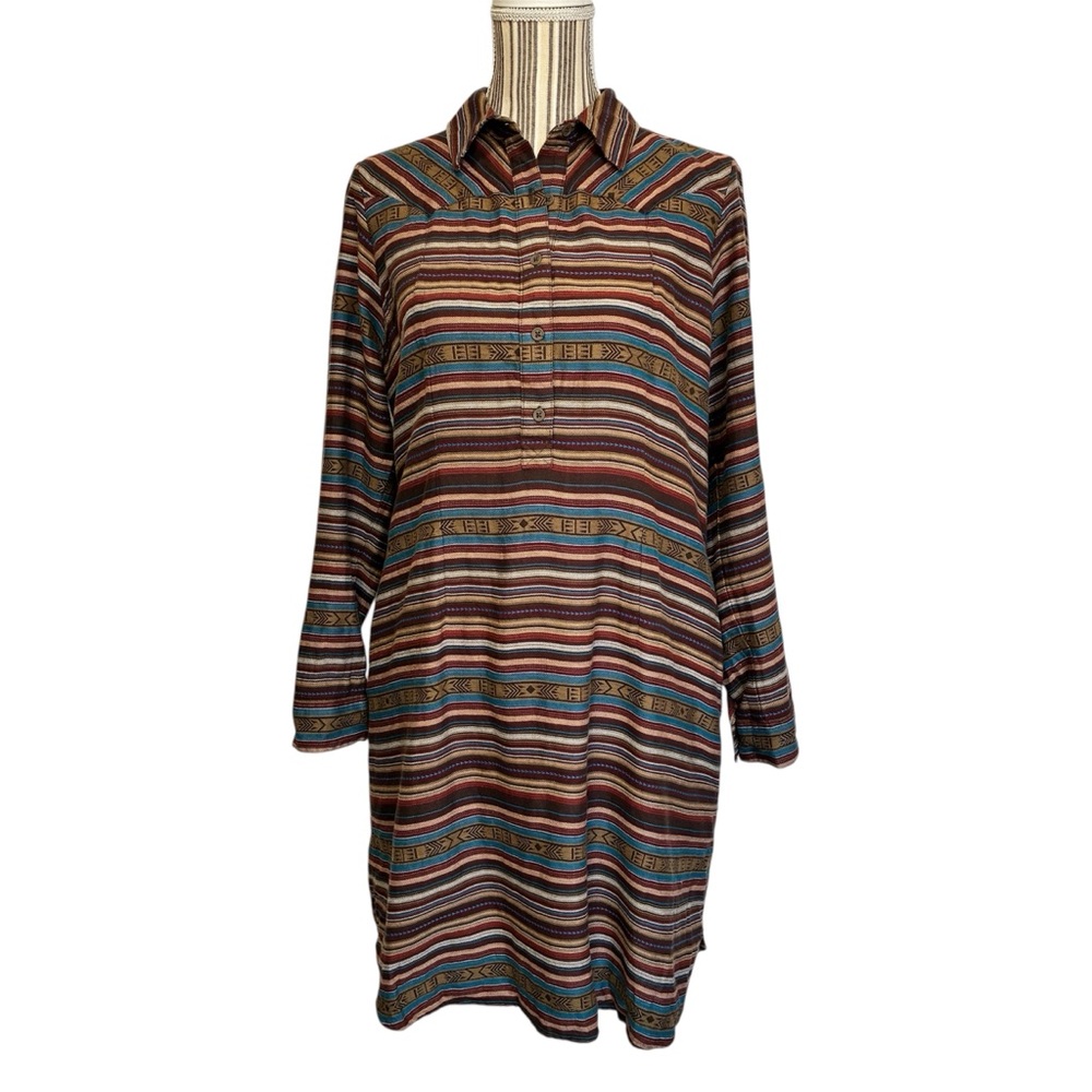 ARIAT Dress Womens Medium Brown Cotton Stripe Sedona Pockets Aztec Southwestern